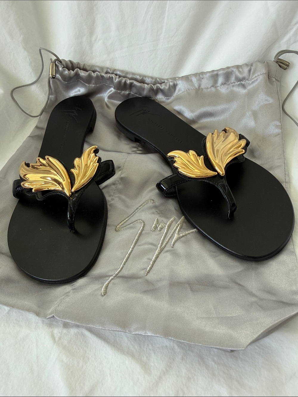Giuseppe Zanotti Black Sandals with Gold Leaf Accent - Designer Logo